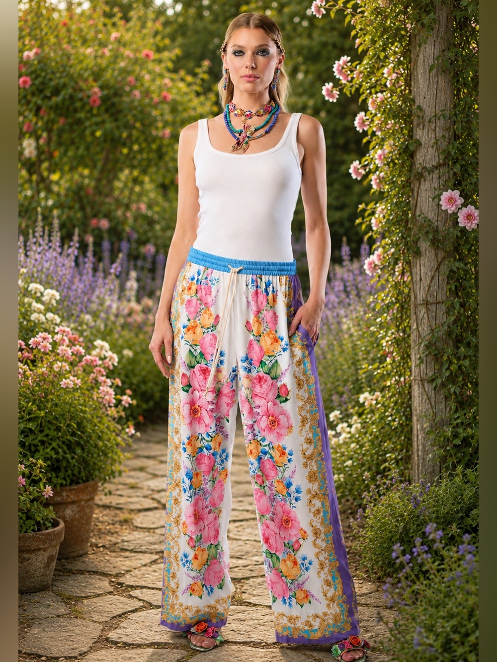 ❤️‍🔥 Aratta White Wide-Leg Pants with Pink Floral Print and Blue Waistband A-68